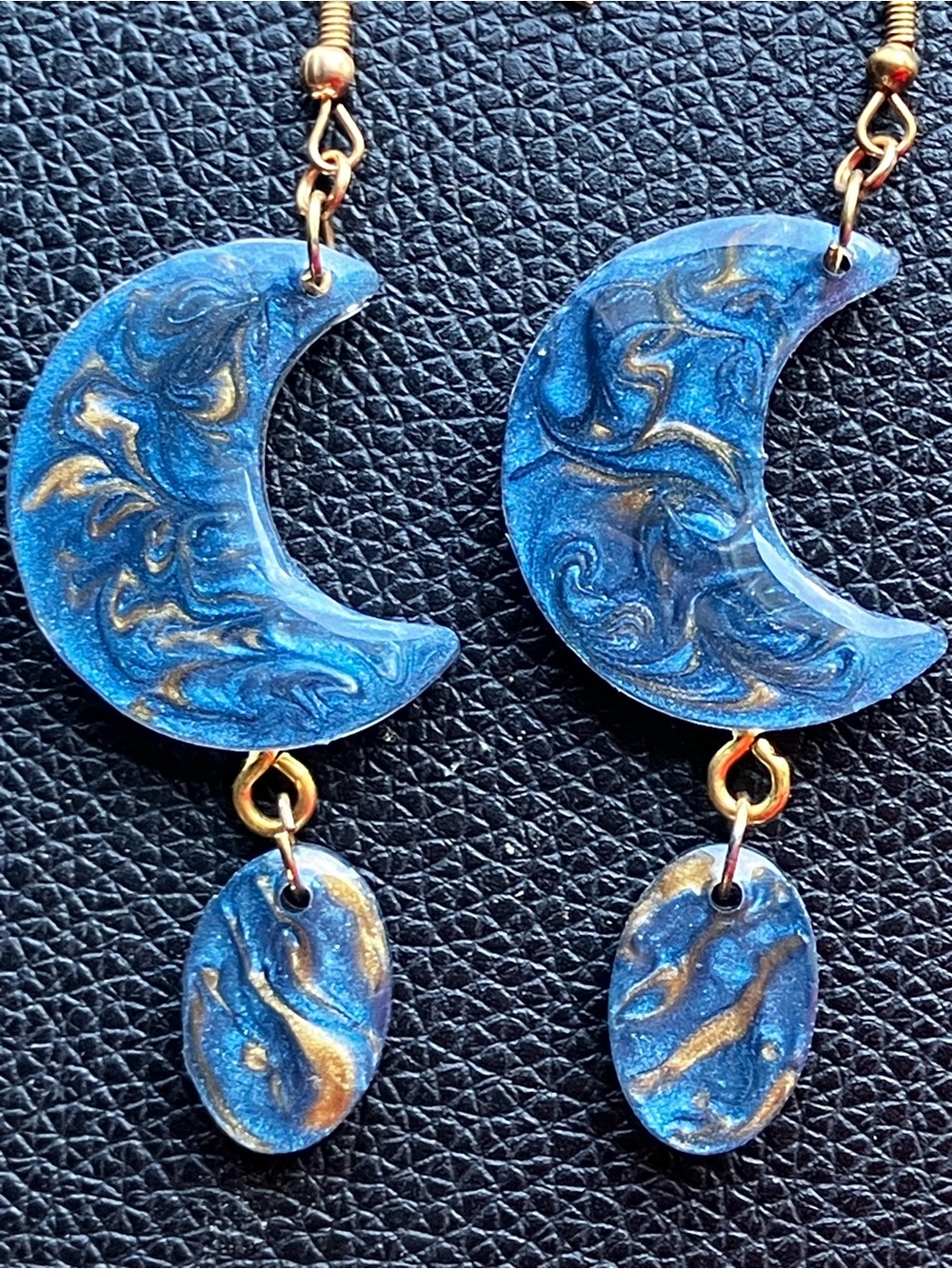 Blue and gold crescent moon dangle earrings